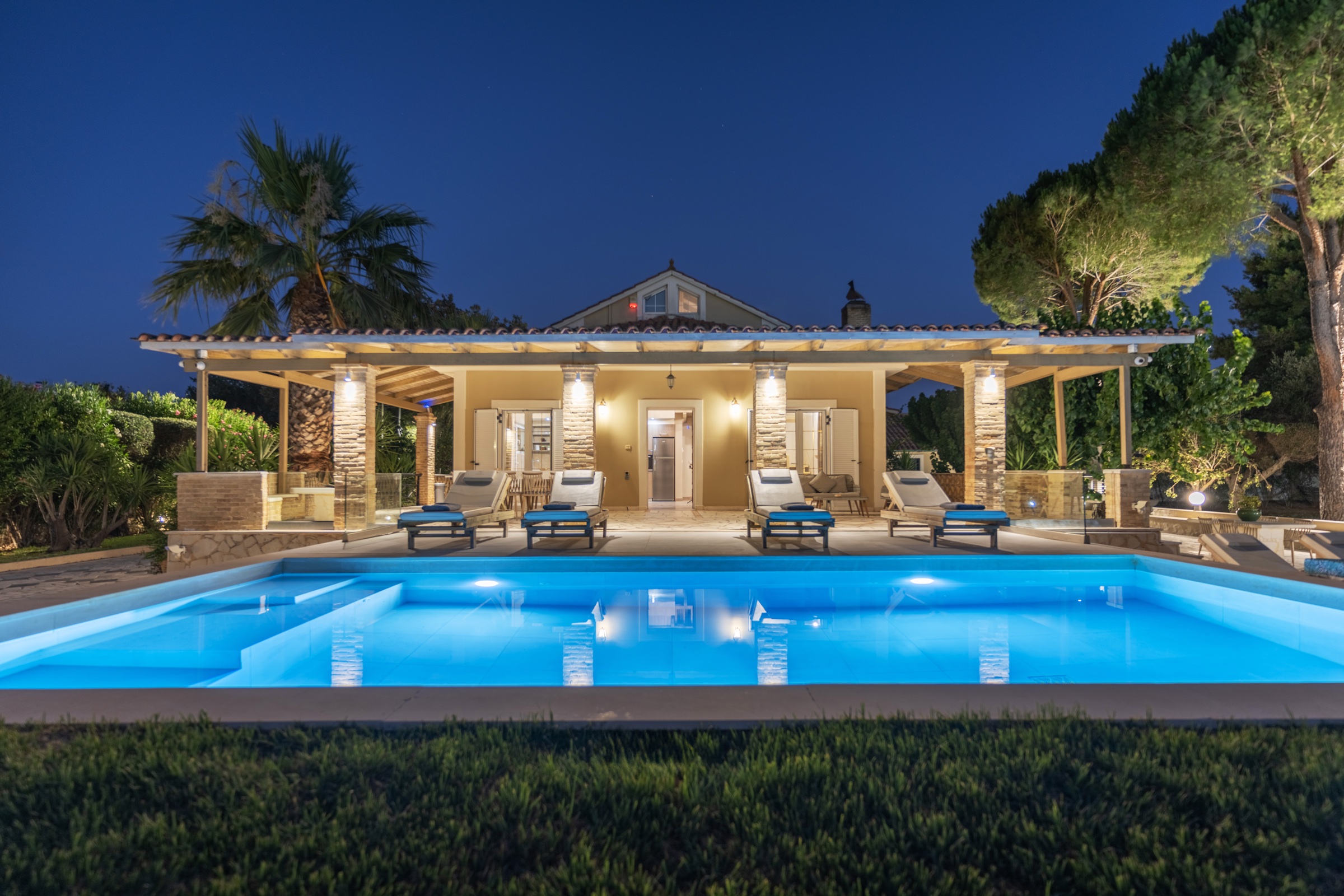 Dream Villa Zakynthos illuminated private pool at night
